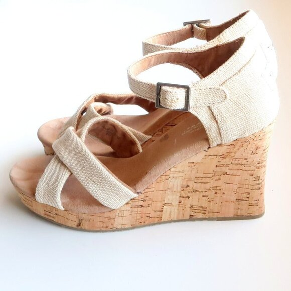 Toms Beige Canvas Ankle Strap Cork Platform Wedge Heel Sandals / Summer Shoes - Picture 10 of 16